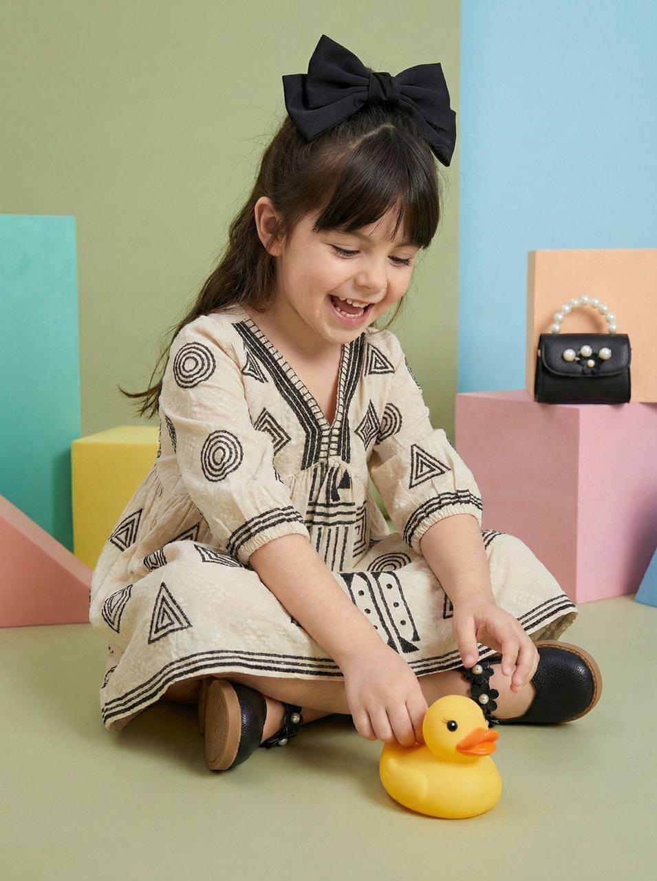 Super pretty embroidered textured cotton dress in black n beige