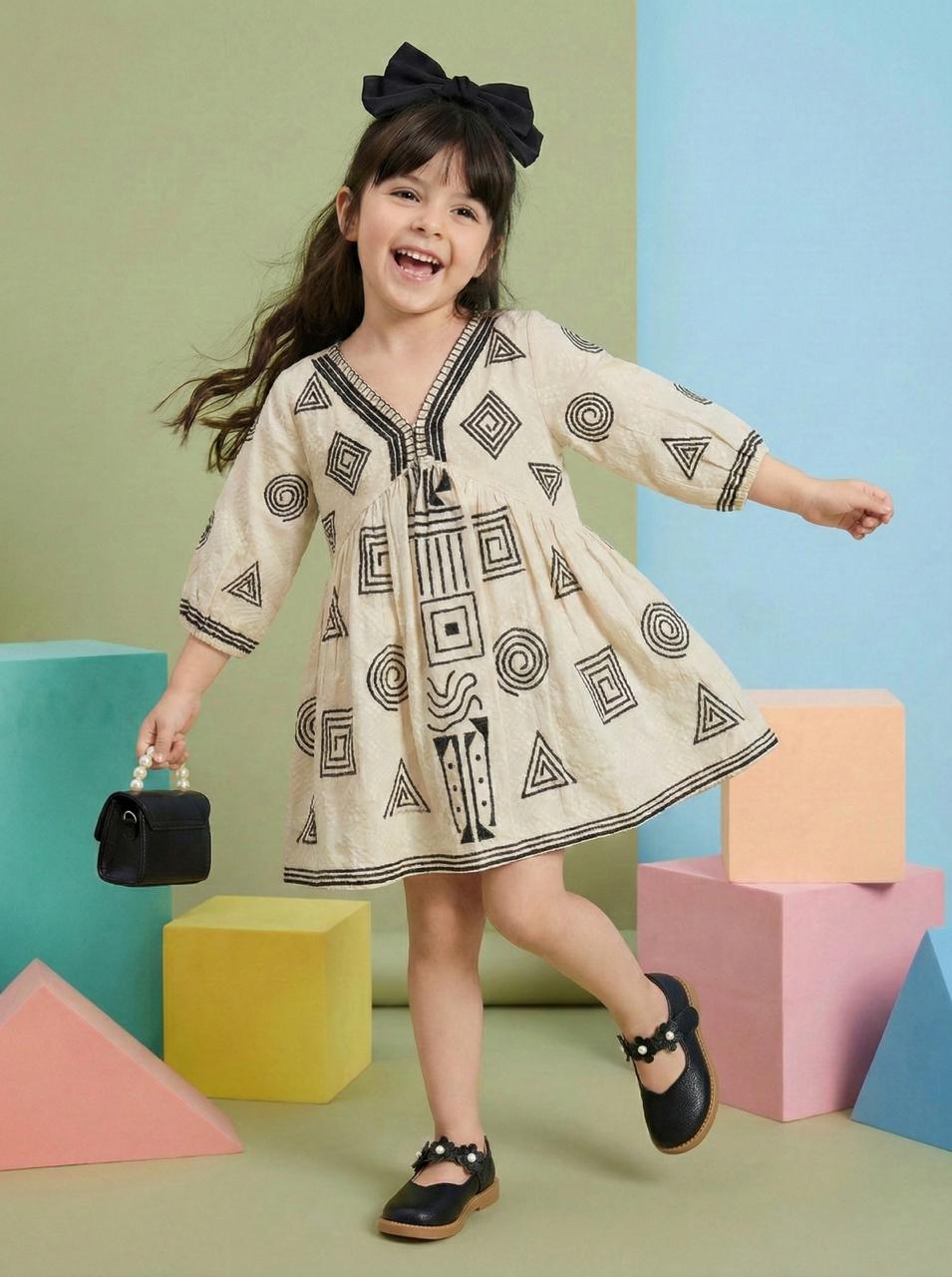 Super pretty embroidered textured cotton dress in black n beige