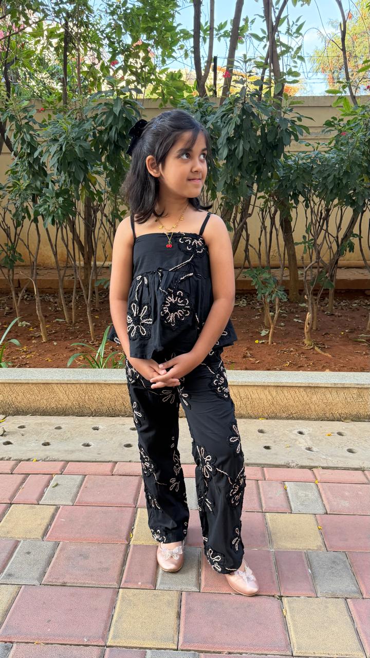 Noodle strap embroidered smart co ord set in black
